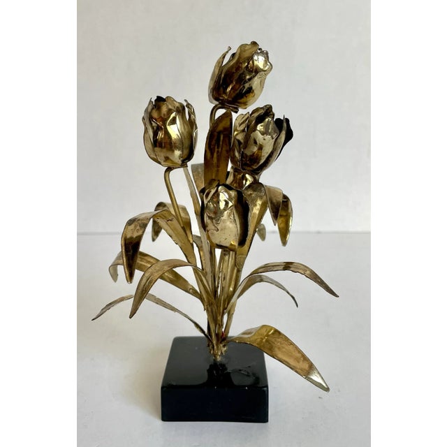 Modern Vintage Brutalist Petite Gold Metal Flower Art on Black Stand For Sale - Image 3 of 7