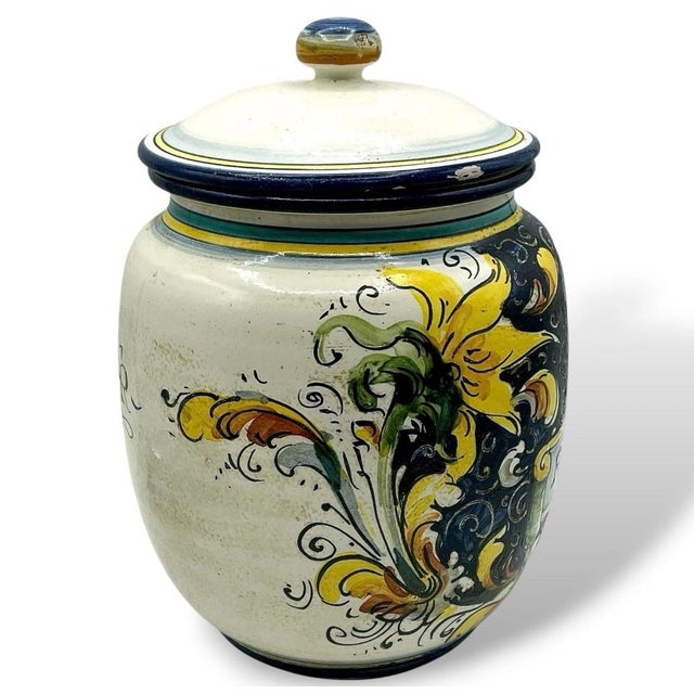 1970s Italian Ceramic Rosmarino Spice Herb Canister Jar Lidded Hand Painted Lemons Euc For Sale - Image 4 of 11