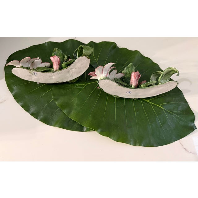 Capodimonte Vintage Italian Porcelain Flowers Sculpture Taper Candle Holders Signed Capodimonte - A Pair For Sale - Image 4 of 11