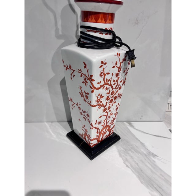 Ceramic Vintage Japanese Porcelain Vase Table Lamp Featuring a Hand-Painted Red Cherry Blossom Floral For Sale - Image 7 of 9