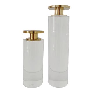 1980s Vintage Lucite and Brass Candle Holders - a Pair For Sale
