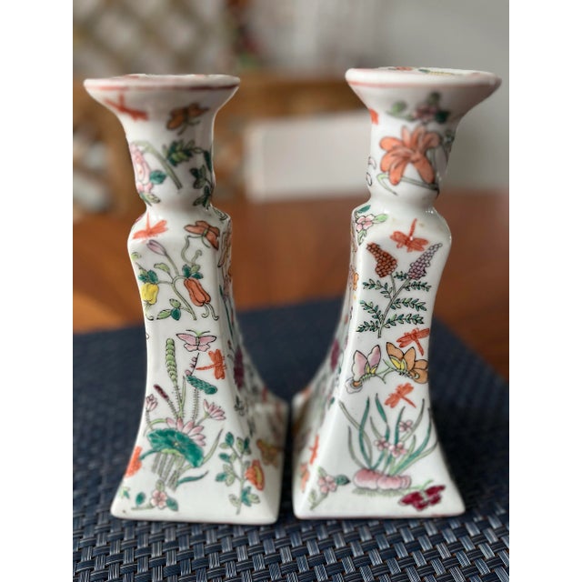 Ceramic 1970s Tall Hand-Painted Chinoiserie Candlestick Holders-Set of 2 For Sale - Image 7 of 8
