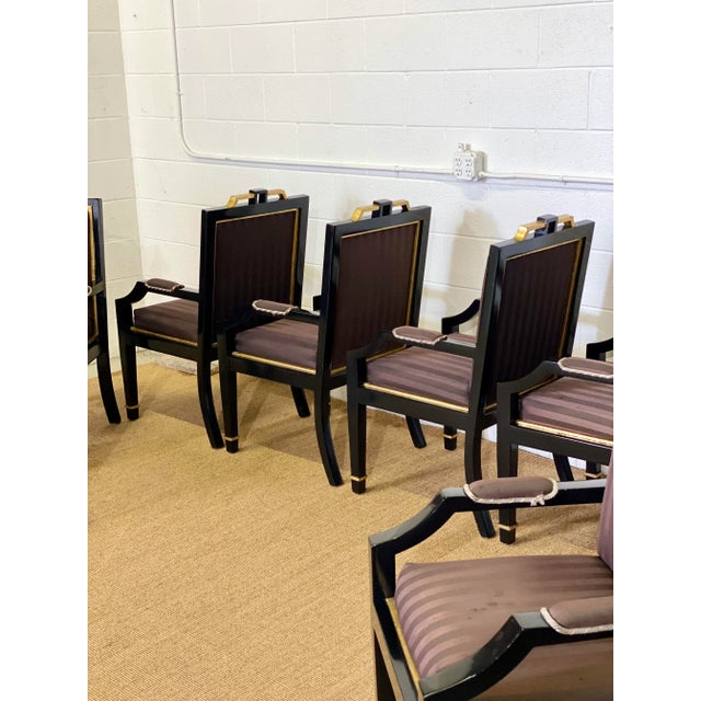Wood 1980s Hollywood Regency Black Lacquer and Satin Dining Armchairs – Set of 8 For Sale - Image 7 of 13