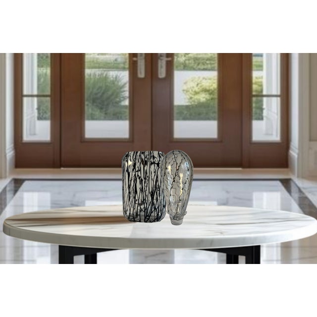Black Graphic Pilchuk Torpedo Shaped & Rectangular Murano Style Art Glass Vases- A Pair For Sale - Image 10 of 18