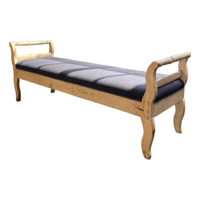 Vintage Rustic Daybed Bench With Wool Plaid Upholstery For Sale