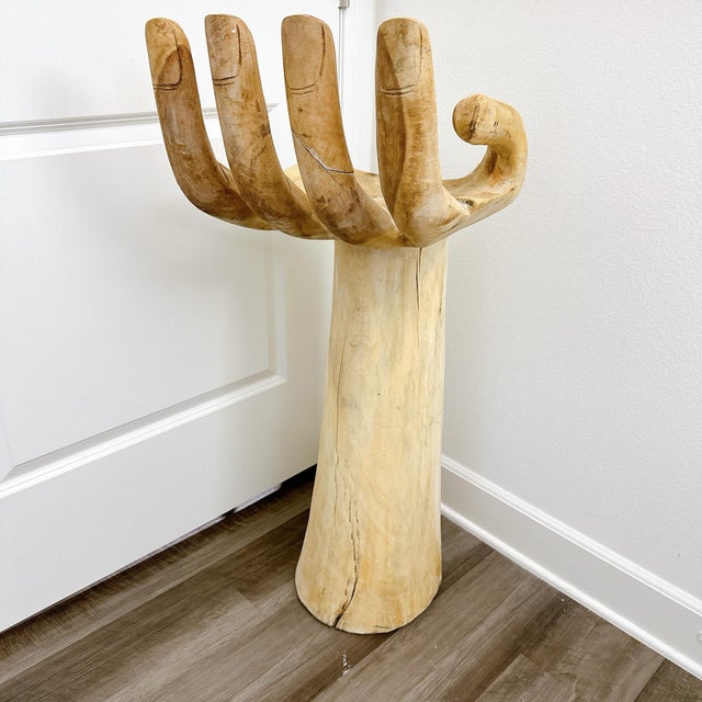 1960s Hand Carved Teak Hand Bar Stool Chairs in the Style of Pedro Friedeberg - A Pair For Sale - Image 5 of 11