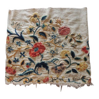Antique Green and Red Crewel Work Embroidery Floral Textile Panel For Sale
