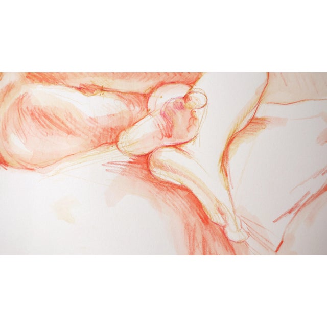 Figurative Original Signed Nude Reclining Figure Drawing in Orange With White Frame For Sale - Image 3 of 5