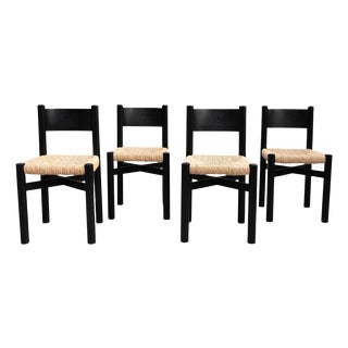 Vintage Wood and Rattan Chairs by Charlotte Perriand, 1980, Set of 4 For Sale
