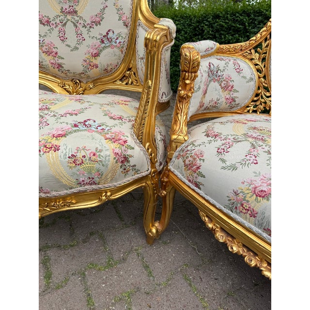 1970 French Louis XVI Gold Beech Damask Sofa Set - 3 PCS For Sale - Image 4 of 18