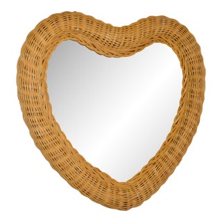 1970s Heart Shape French Coastal Handwoven Pencil Reed & Wicker Wall Mirror For Sale