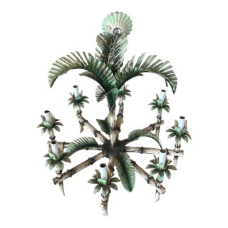 Vintage Tole Metal Palm Beach Tree Leaf Leaves 8 Light Chandelier For Sale