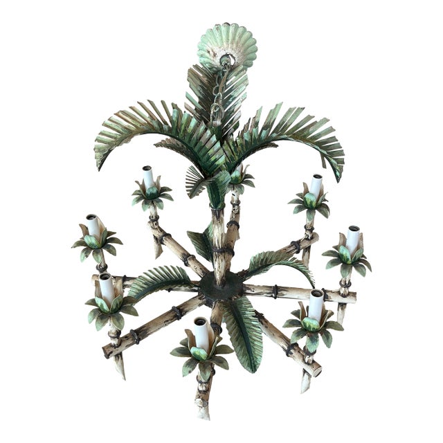 Vintage Tole Metal Palm Beach Tree Leaf Leaves 8 Light Chandelier For Sale