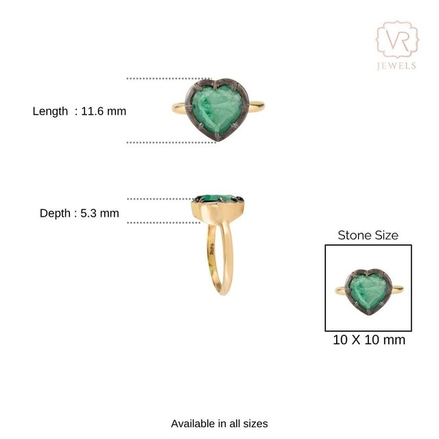 Georgian Era Inspired Button Back Set 2.37 Ct Emerald Heart Ring Size 6 in 18k Gold For Sale - Image 9 of 17