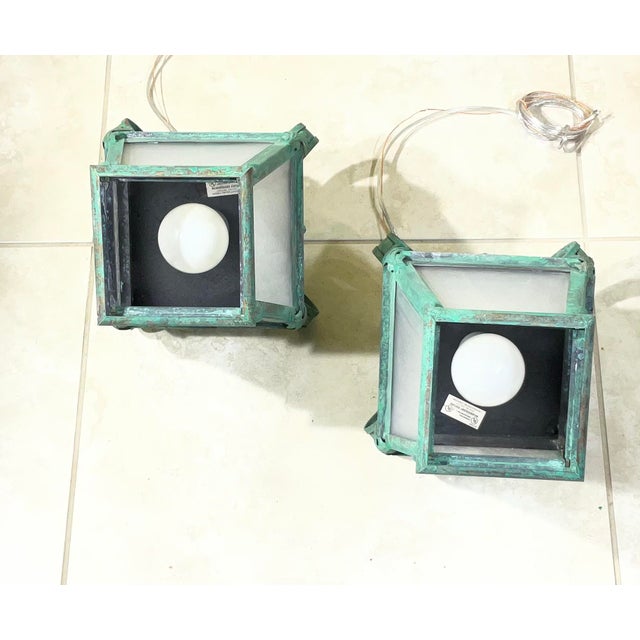 Vintage French Style Solid Brass Lanterns / Pendents With Verdigris For Sale - Image 11 of 15