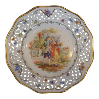 Late 1940’s Post-Wwii Era Cico China Victorian Couple/Floral Motifs Reticulated Edge Plate Made in Germany u.s. Zone For Sale
