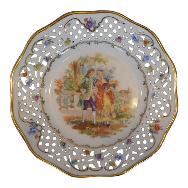Late 1940’s Post-Wwii Era Cico China Victorian Couple/Floral Motifs Reticulated Edge Plate Made in Germany u.s. Zone For Sale