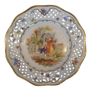 Late 1940’s Post-Wwii Era Cico China Victorian Couple/Floral Motifs Reticulated Edge Plate Made in Germany u.s. Zone