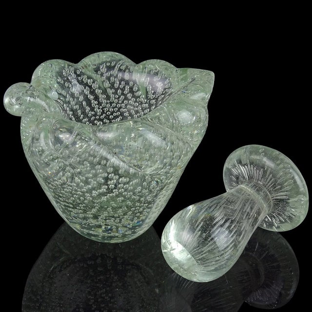 Beautiful early Murano hand blown controlled bubbles in clear glass Italian art glass leaf shaped mortar and pestle...
