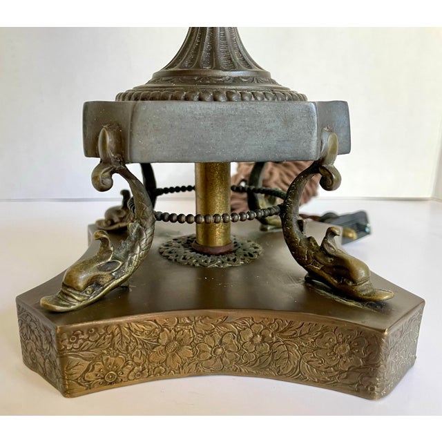 Antique Victorian Revival Hand-Painted Floral Glass Table Lamp With Dolphin Supports For Sale In Los Angeles - Image 6 of 12