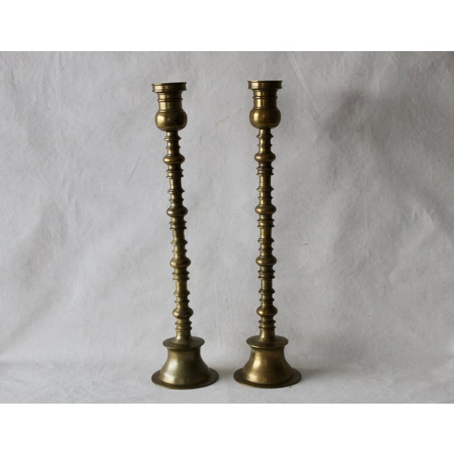 Vintage Mid Century Large Brass Altar Floor Candle Holders Patina, a Pair For Sale - Image 10 of 10