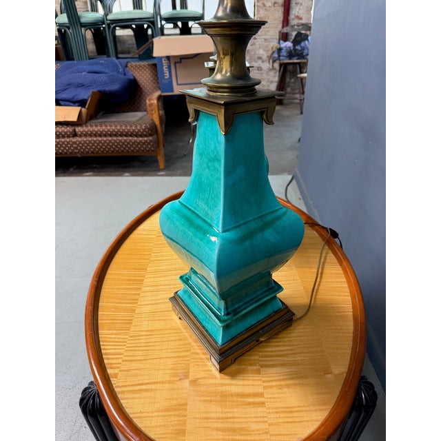 Green 1950s Pair of Ceramic and Brass Table Lamps by Edwin Cole for Stiffel Mid Century For Sale - Image 8 of 17