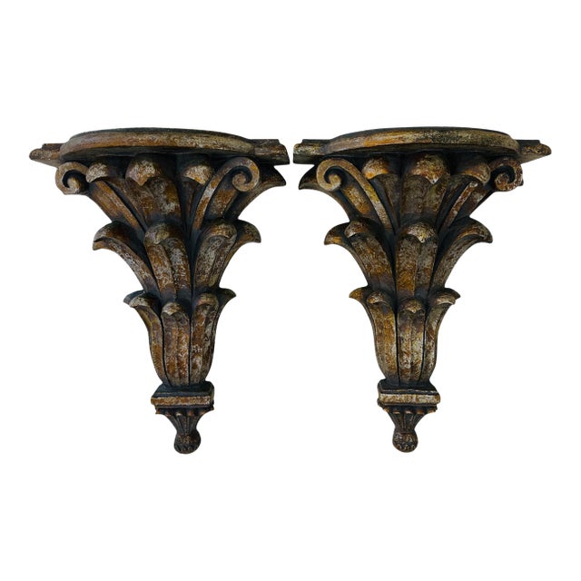 Vintage 1980s Gilded Wall Brackets Pair | Ornate Italian Style Acanthus Leaf Resin Corbels | Regency Hollywood Glam Wall Shelves Decor For Sale