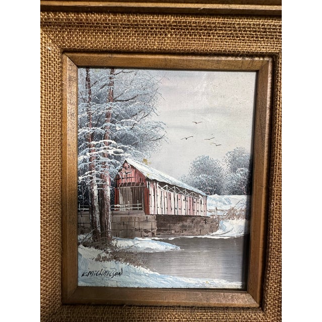 Stunning covered bridge scene in winter. It is set within its original wooden frame, which includes a burlap inner liner.