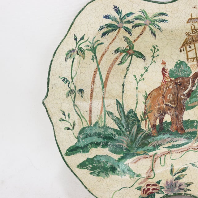 Metal Vintage Scalloped Decorative Tray With Hand-Painted Elephant and Jungle Motif For Sale - Image 7 of 12