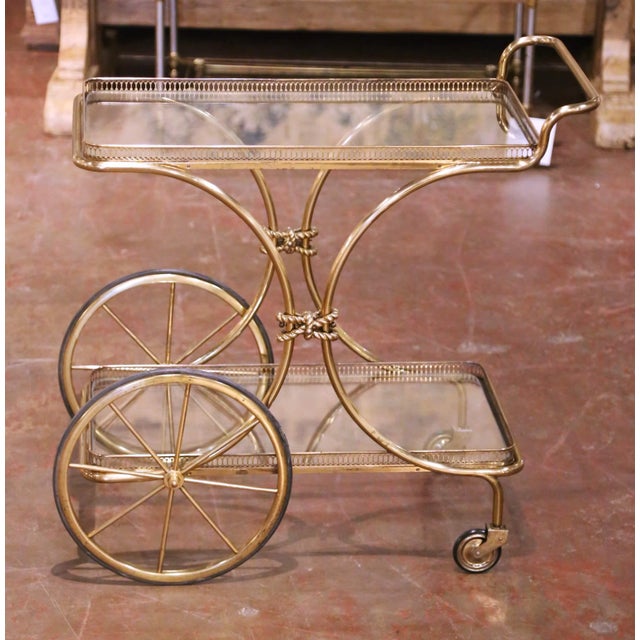 French Mid-Century French Gilt Brass Bar Cart With Glass Shelves and Wheels For Sale - Image 3 of 9