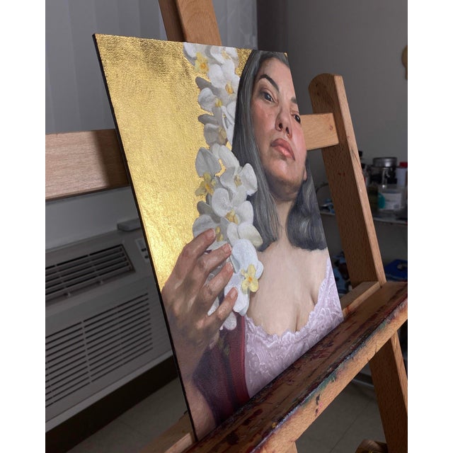 I Bloom, and Now Feel by Aixa Oliveras | Oil and 24kt gold leaf on panel Woman holding white orchids. For Sale - Image 4 of 5
