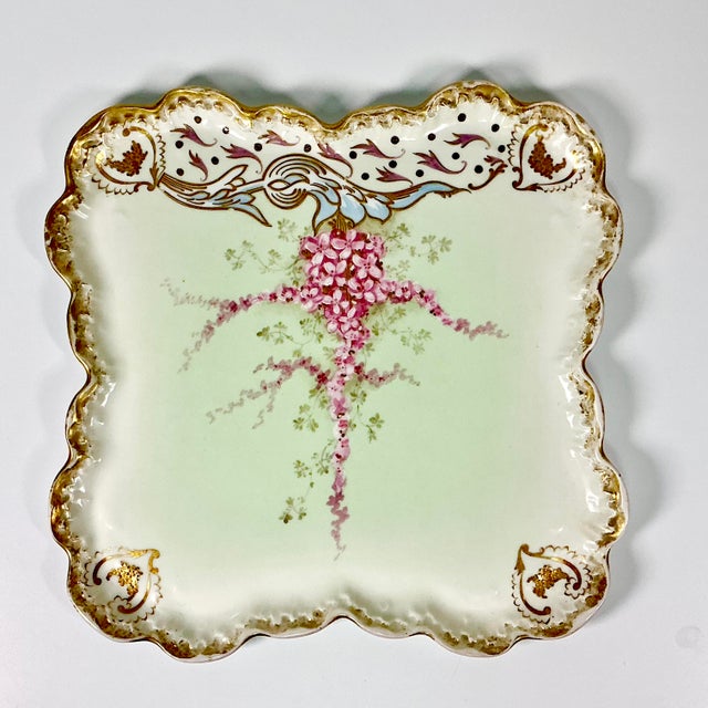 Late 1900s Antique French Victorian Hollywood Regency Limoges Pink Wisteria Dessert Plates and Platter - Set of 7 For Sale - Image 10 of 12