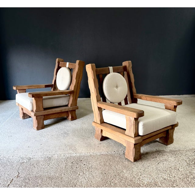 Vintage Brutalist Belgian Design XL Oak Lounge Chair set of 2. Made in Belgium, 1960's period. Solid heavy oak constructed...