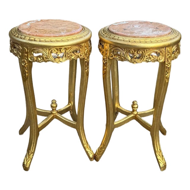 1950s French Louis XVI Gold Beech Marble Side Tables Pair For Sale