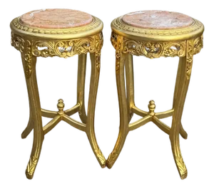 1950s French Louis XVI Gold Beech Marble Side Tables Pair