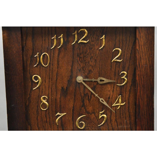 Antique Mission Arts and Crafts Oak Wood Tall Case Grandfather Clock For Sale - Image 4 of 17