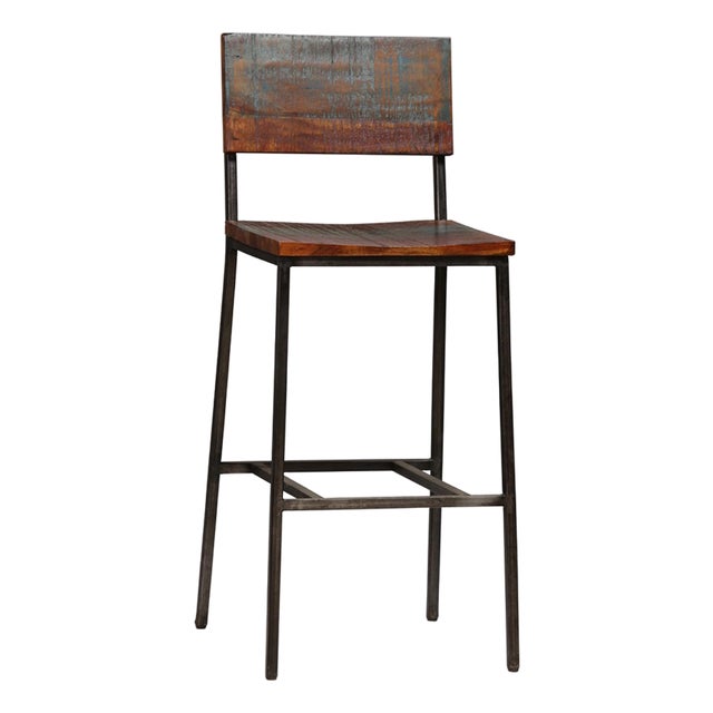 Salvaged Acacia & Iron Bar Stool For Sale