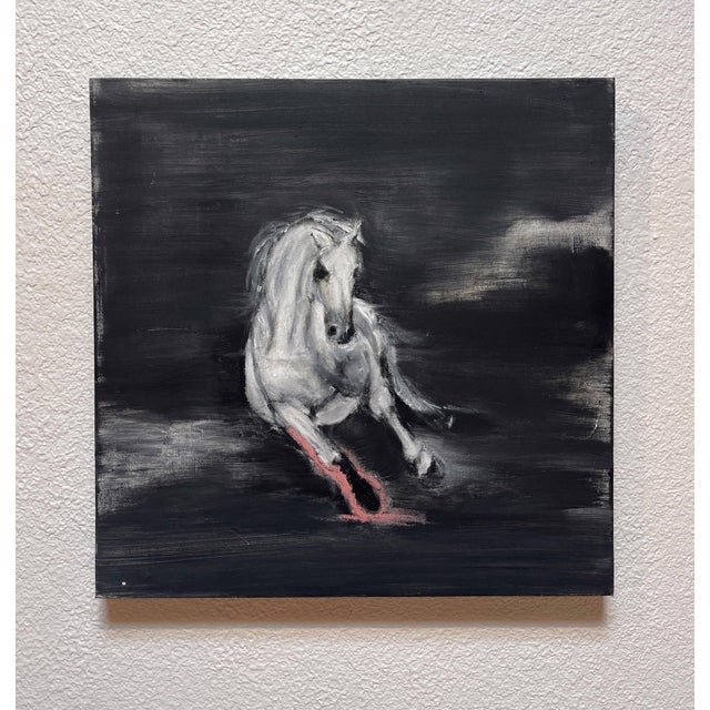 This artwork features a dynamic depiction of a white horse in motion, rendered against a dark, atmospheric background. The...