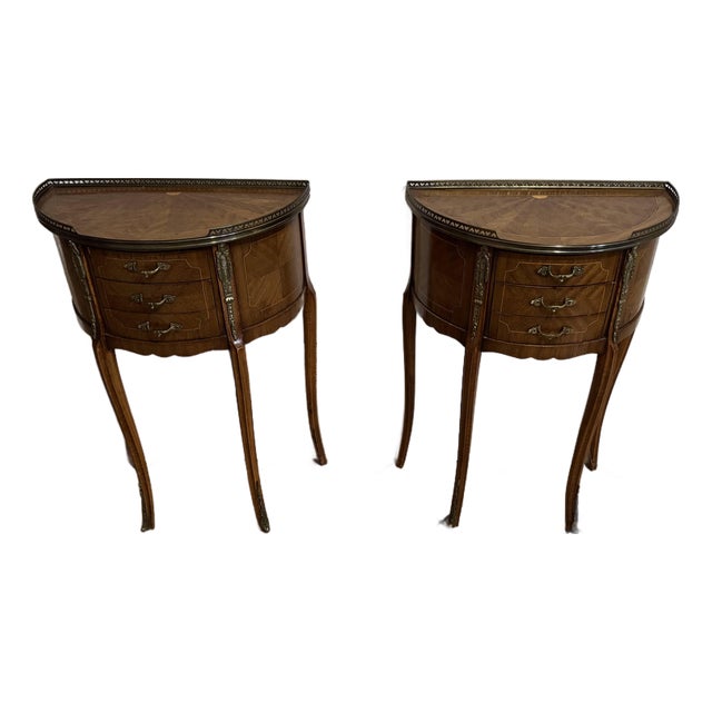 Pair of Vintage Louis XV Style Demilune Nightstands French Inlaid 3 Drawer Tables For Sale