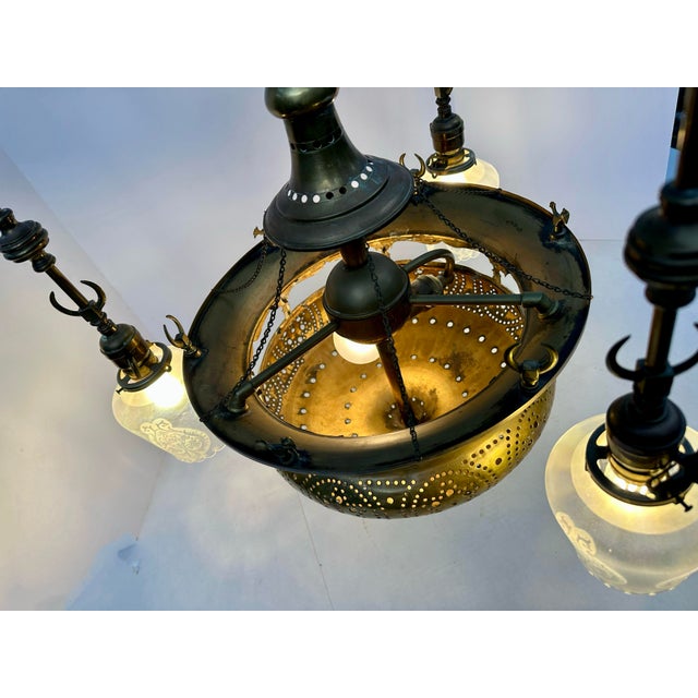 Vintage 4-Light Mughal-Style Pierced Brass Chandelier With Crescent Motif For Sale - Image 11 of 12