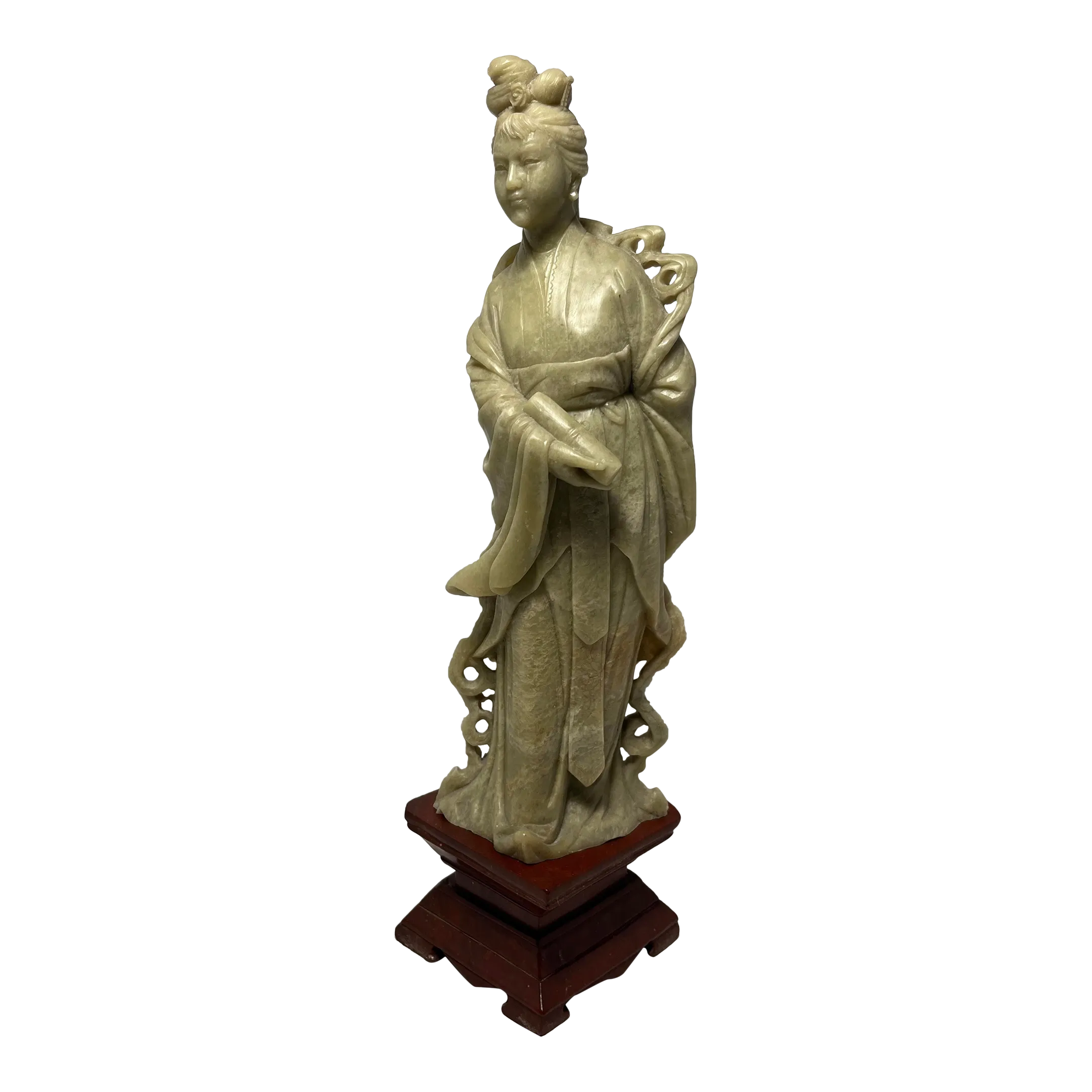 Vintage Hand Carved Chinese Green Soapstone Statue Stone Base