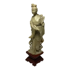 Vintage Hand Carved Chinese Green Soapstone Statue Stone Base