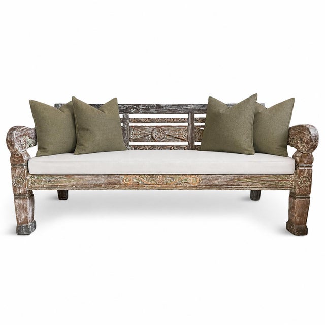 Vintage Washed Teak Carved Outdoor / Indoor Bench For Sale - Image 9 of 9