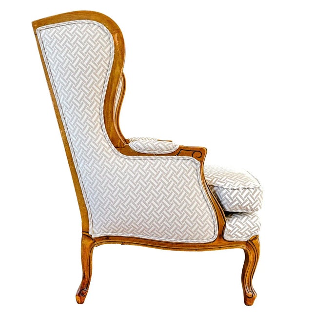 Mid 20th Century French Provincial Wingback Chairs With Geometric Upholstery Attributed to Baker - A Pair For Sale - Image 5 of 18