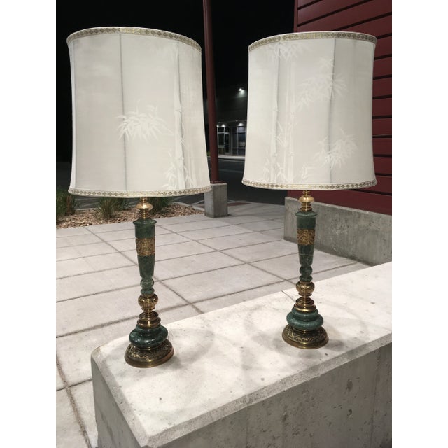 1940s Pair of Japanese Bronze & Marble Column Table Lamps With Original Shades For Sale - Image 5 of 13