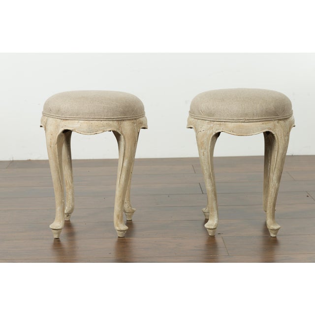 Pair of French Midcentury Walnut Stools with Cabriole Legs and New Upholstery For Sale - Image 10 of 12