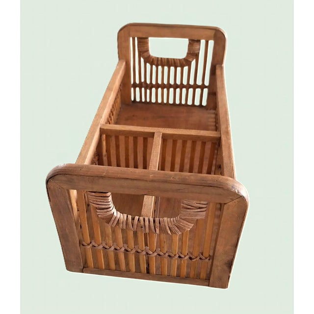 Mid 20th Century Wooden Rattan Divided Basket Caddy With Handles - Storage, Decor, Office Accessory For Sale - Image 4 of 13
