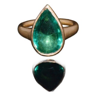 Gia Certified 5.25ct Natural Emerald Sculptural Bezel Solid 18k Gold Ring, Size 5.25 For Sale