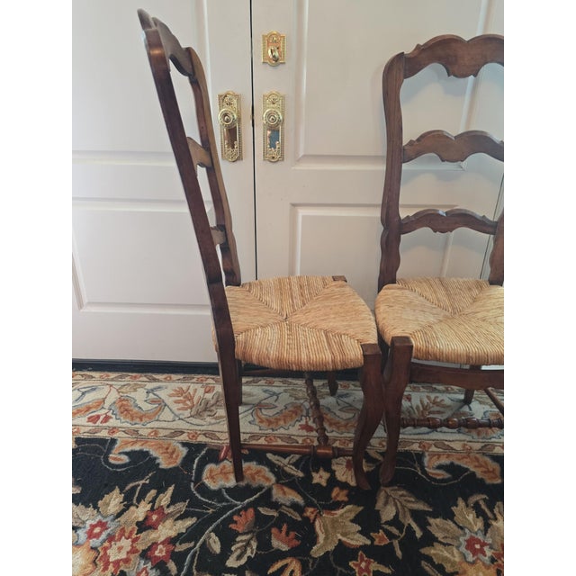 2 Vintage French Provincial Ladder Back Walnut Rush Seat Chairs For Sale - Image 10 of 13