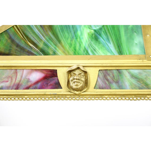 Mid 20th Century Mid 20th Century Arts & Crafts Figural Stained Glass Rectangular Brass Pendant Light For Sale - Image 5 of 14